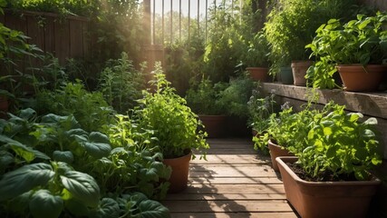 Fototapeta premium A sunlit garden path lined with potted herbs and greens, showcasing a vibrant home gardening space.