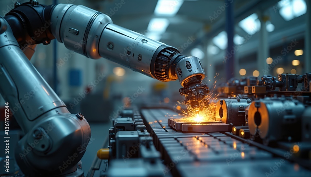 Poster ai robotic arm operates automated welding lathe. factory, sparks, process automation. robotic engine
