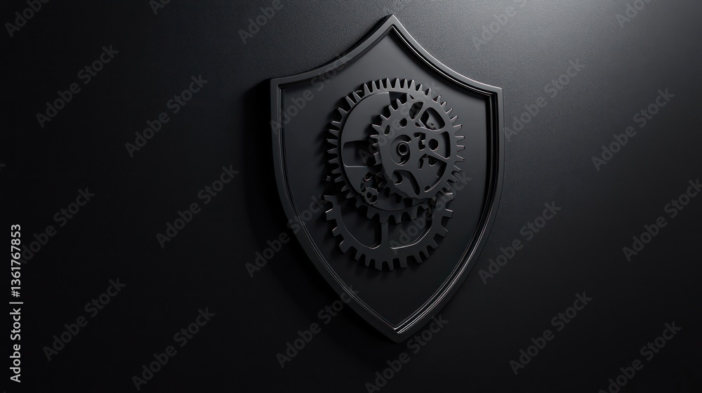 Poster 3d shield with gears on dark background. possible use security, technology, protection
