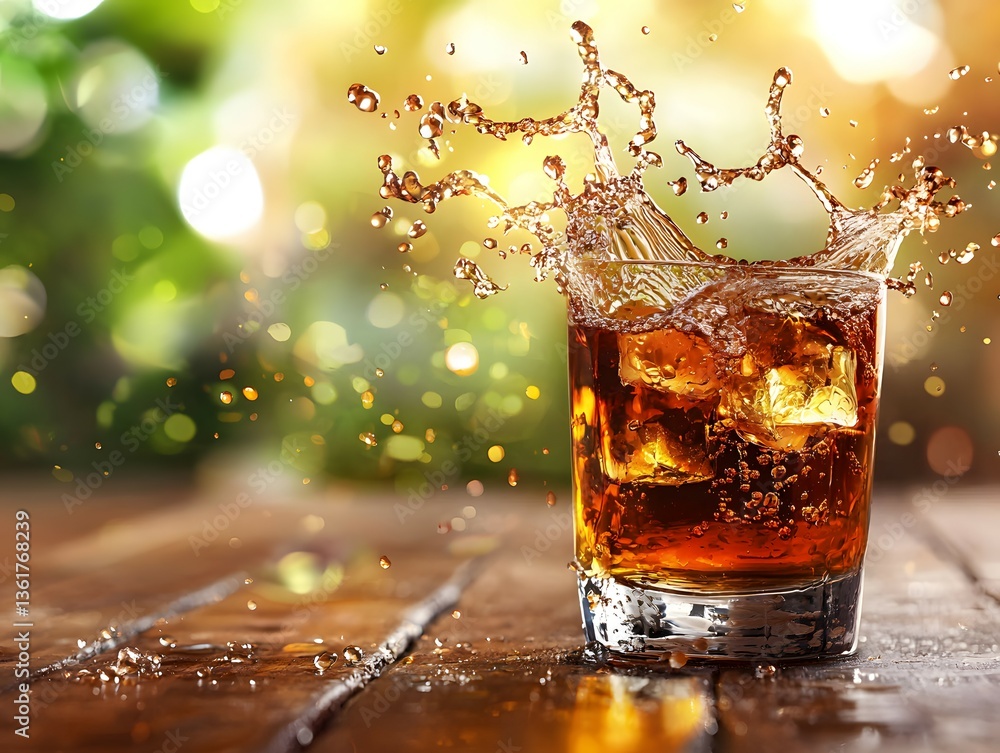 Poster a captivating glass of whiskey with splashing water creating a dramatic effect for an elegant evenin