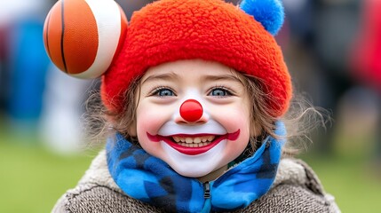 Happy child in clown costume with ball.