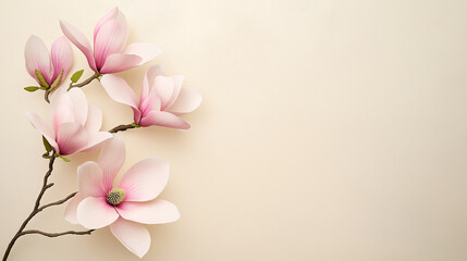 Fototapeta premium Soft magnolia blossoms spreading petals against neutral background, presenting elegant botanical composition with generous negative space