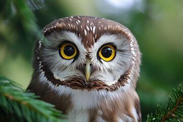Obraz premium Northern Saw-Whet Owl Captured in Close-up Shot. Adorable Small Bird of Prey