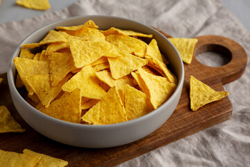Homemade Tortilla Corn Chips in a Bowl, side view.