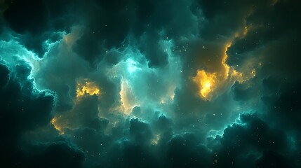 Abstract cosmic nebula with teal and gold clouds.