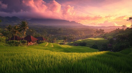 Sunset over rice paddies, Bali village