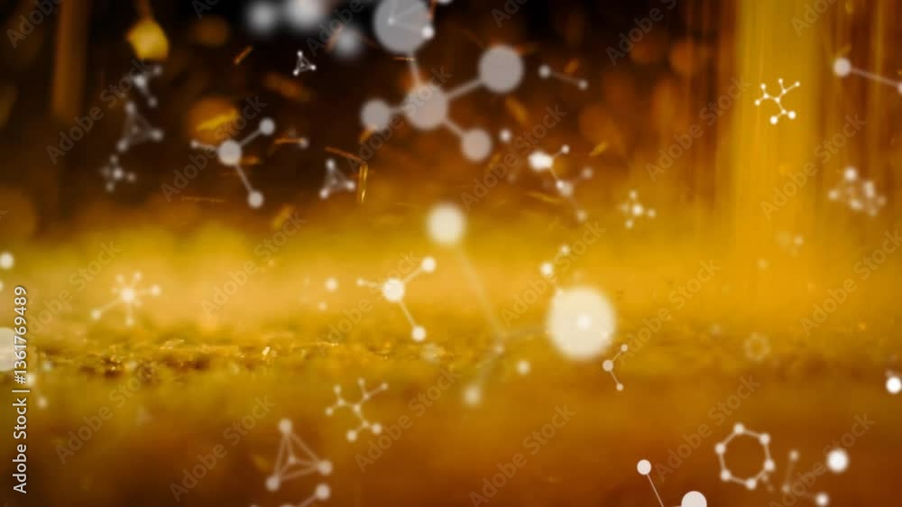 Aufkleber molecular structures animation over golden liquid background with floating particles