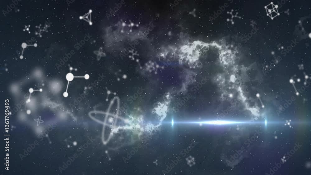 Poster floating molecules and atomic symbols in cosmic space, creating animation effect