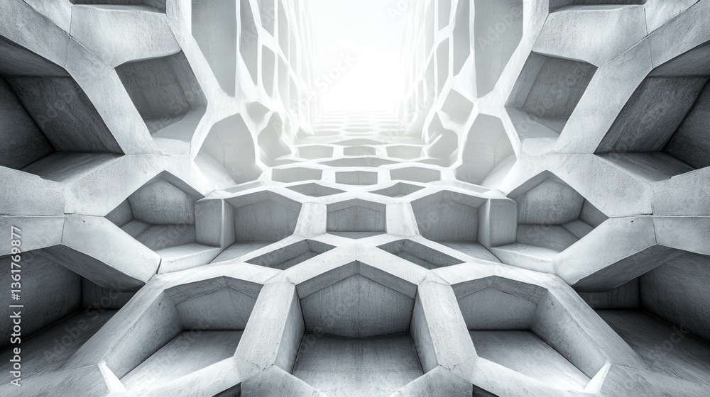 Poster abstract concrete architectural structure, showcasing a complex, hexagonal patterned design.