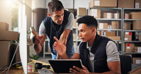 Logistics, men and computer with tablet for discussion, checking stock and inventory research....