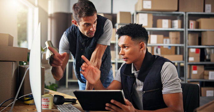 Logistics, men and computer with tablet for discussion, checking stock and inventory research. Teamwork, people and supply chain manager with tech to monitor distribution, order or business in office