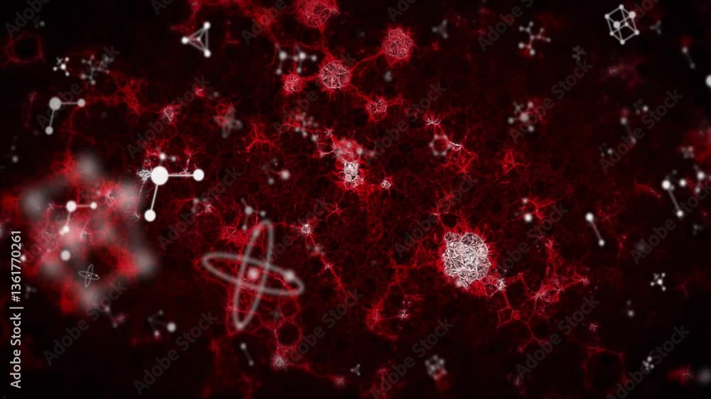 Aufkleber floating molecular structures in red and white on dark abstract background animation