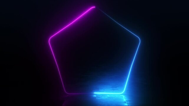3D render. Glowing neon pentagon shape in pink blue on dark background