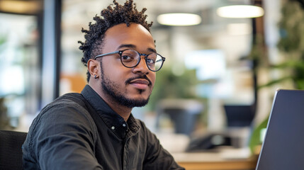 Fototapeta premium Man with glasses and curly hair looks at the camera in an office setting with a laptop nearby