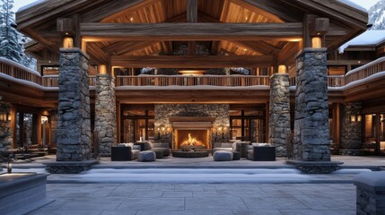 Fototapeta premium Cozy mountain lodge with a fireplace, surrounded by snow-covered trees
