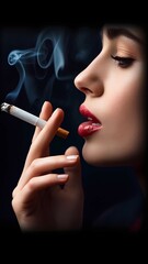 Obraz premium A glamorous yet thought-provoking image of a woman smoking a cigarette. The elegant lighting contrasts with the health risks of smoking, highlighting addiction and lifestyle choices