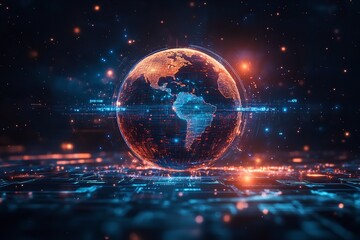 Obraz premium Global financial innovation: a digital diagram with a holographic representation of a future planet. Generative Ai