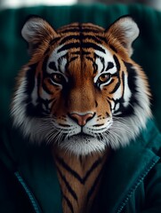 Fototapeta premium A regal tiger wearing a hooded green jacket looks at the viewer