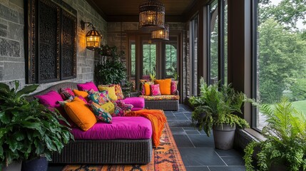 Vibrant Sunroom Oasis: A Luxurious and Colorful Patio Design