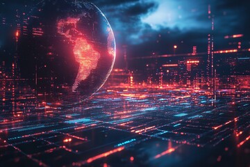 Global financial innovation: a digital diagram with a holographic representation of a future planet. Generative Ai