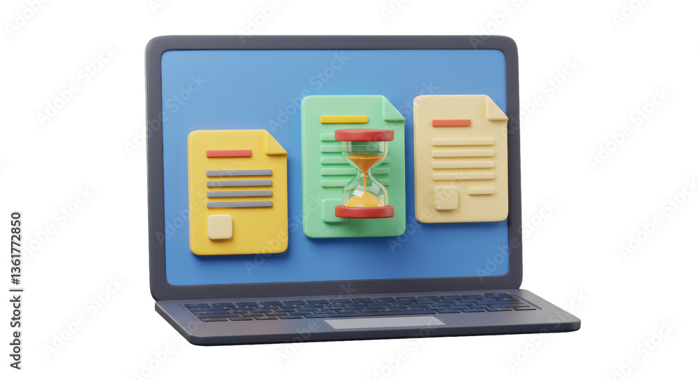 Poster isolated laptop displaying files and hourglass symbolizing time management
