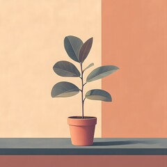 Small Potted Plant with Dark Green Leaves on Beige and Burnt Orange Walls
