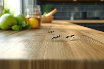 Insects and Daily Life. A glimpse of ants exploring a kitchen countertop, representing the natural interaction within a home.