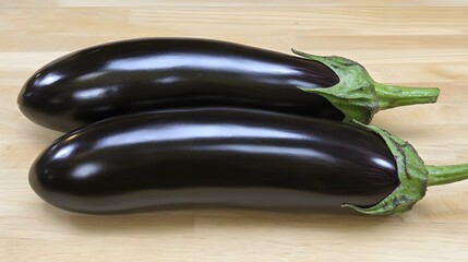Two Glossy Eggplants on Wooden Board Closeup