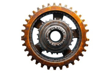 A Weathered Industrial Gear, A Testament To Time And Tireless Work, Showing Intricate Details And A Rich Patina Of Rust And Bronze Tones Against A Clean Isolated on Transparent Background
