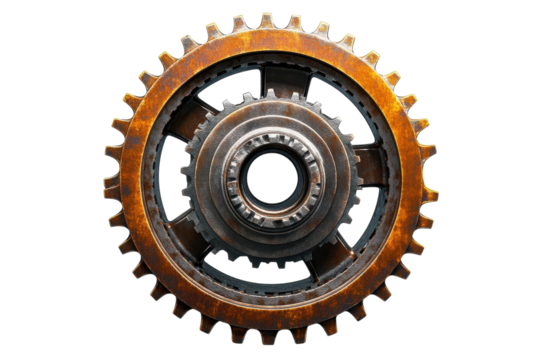 A Weathered Industrial Gear, A Testament To Time And Tireless Work, Showing Intricate Details And A Rich Patina Of Rust And Bronze Tones Against A Clean Isolated on Transparent Background