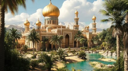 Naklejka premium Magnificent Arabian Palace with Golden Domes and Lush Oasis Landscape View