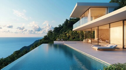 Luxury villa with infinity pool overlooking ocean views amidst tropical nature