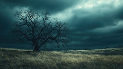 Obraz premium Nature and Atmosphere. A solitary tree stands against a moody sky, embodying resilience in a dramatic landscape.
