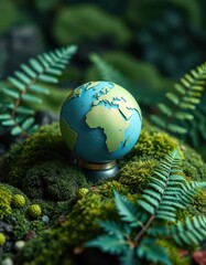 Miniature paper globe amidst lush moss and fern paper mache landscape, plant, home decor