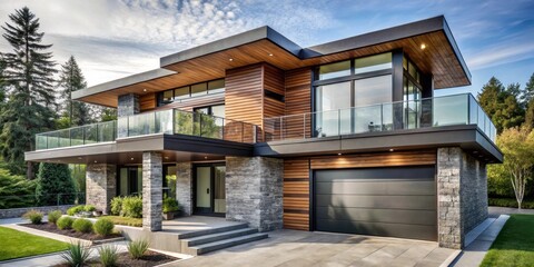 Fototapeta premium Modern Architectural Design of a Luxurious Home with Stone and Wood Accents Featuring a Spacious Balcony