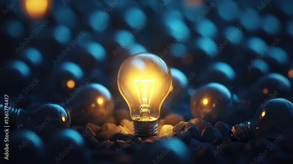 Poster A 3D rendering of a glowing lightbulb standing out in the dark among shutdown bulbs, illustrating creative thinking, problem-solving, and innovation.