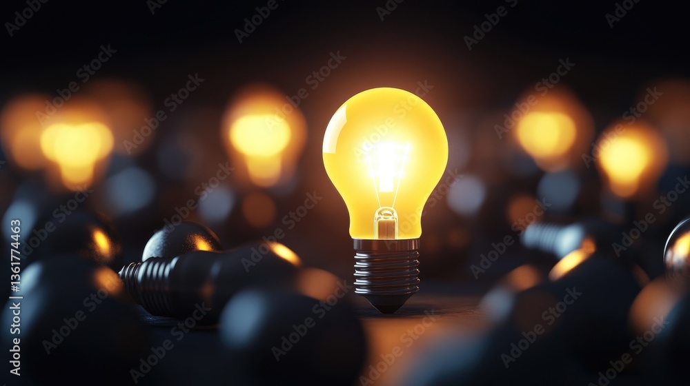 Poster A 3D rendering of a glowing lightbulb standing out in the dark among shutdown bulbs, illustrating creative thinking, problem-solving, and innovation.