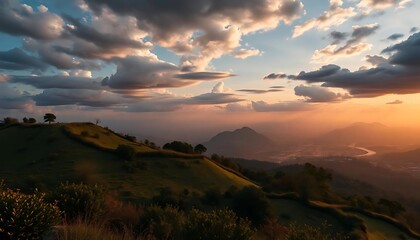 Fototapeta premium Golden Sunset Over Rolling Hills and Valley, Dramatic Sky, Beautiful Landscape