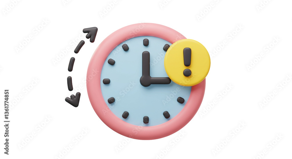 Poster isolated clock with exclamation point and spinning arrows