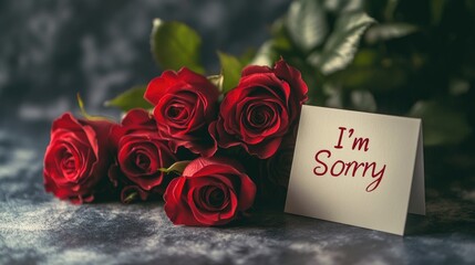 A bouquet of deep red roses next to an elegant apology card that reads "I'm Sorry" in beautiful script, set against a soft background for a heartfelt moment.