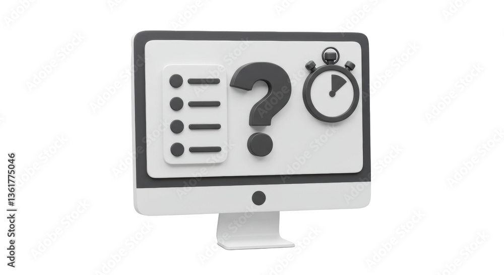 Poster isolated computer monitor with question mark, checklist, and stopwatch