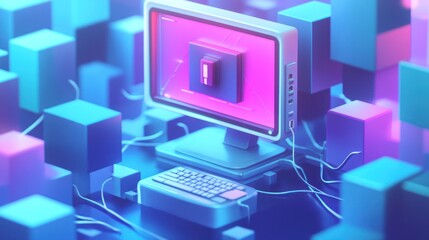 Retro computer in abstract geometric environment.  Possible use Technology, innovation, design, conceptual art