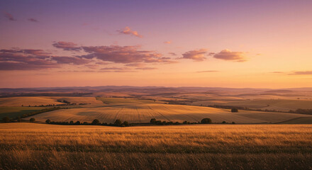 Fototapeta premium Golden field landscape at sunset with rolling hills view