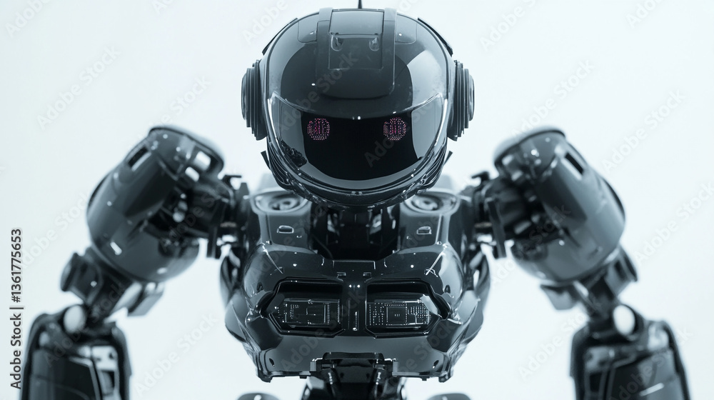 Poster a glossy black robot with a helmet and visible details against a plain white background in a studio 