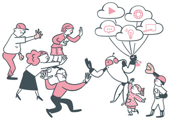 AIロボットとハイタッチする様々な人々　ストックイラスト素材
