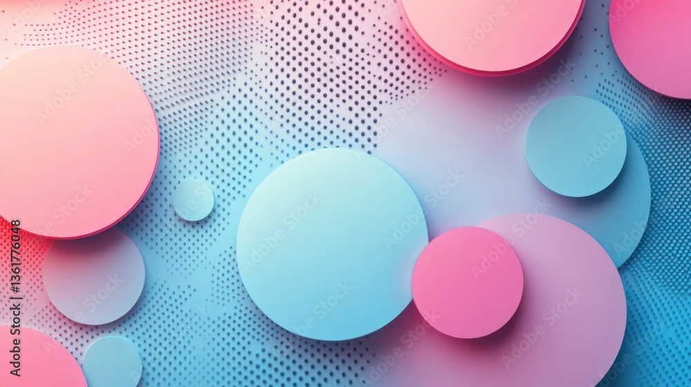 Poster abstract pastel circles overlapping in a modern arrangement against a textured halftone pattern back