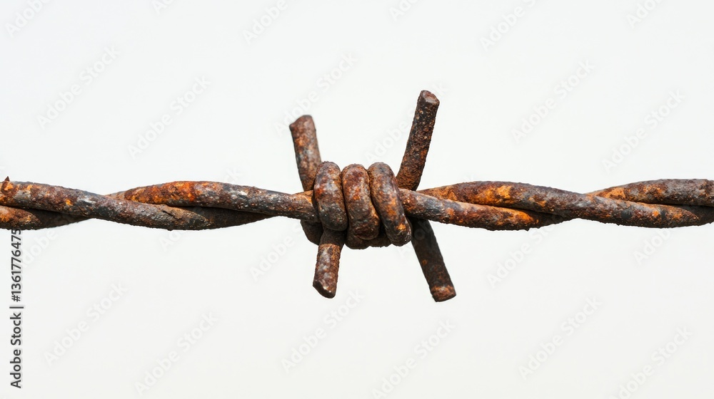 Poster A close-up of a rusty barbed wire fence barrier, set against a blank white background, creating a surreal and symbolic contrast between sharpness and emptiness.