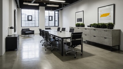 Modern Conference Room with Concrete Finishes, Sleek Black Chairs, Natural Light, and Artistic Touches for a Sophisticated Business Environment.