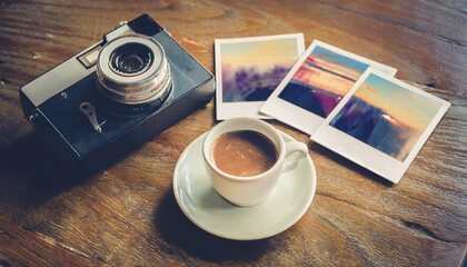 Polaroid camera and hot coffee on a cafe table