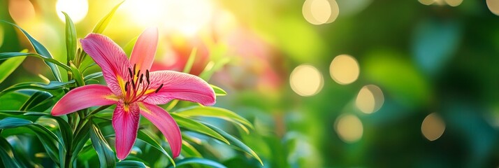 Fototapeta premium Pink Lily Flower with Green Leaves on Blurred Bright Background with Copy Space for Text